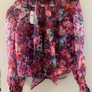 Anthropologie Pink Floral Sheer Long Sleeve Blouse